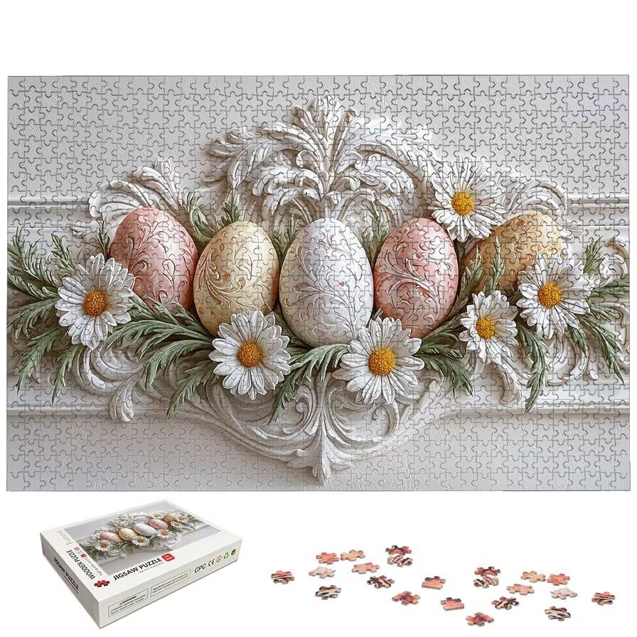 Puzzle 1000 elementów wielkanocnych, 1000 elementów dla dorosłych i dzieci od 14 lat, jajka wielkanocne drewniane puzzle z wykwintnym pudełkiem do pakowania, do dekoracji ścian, prezent dla kobiet