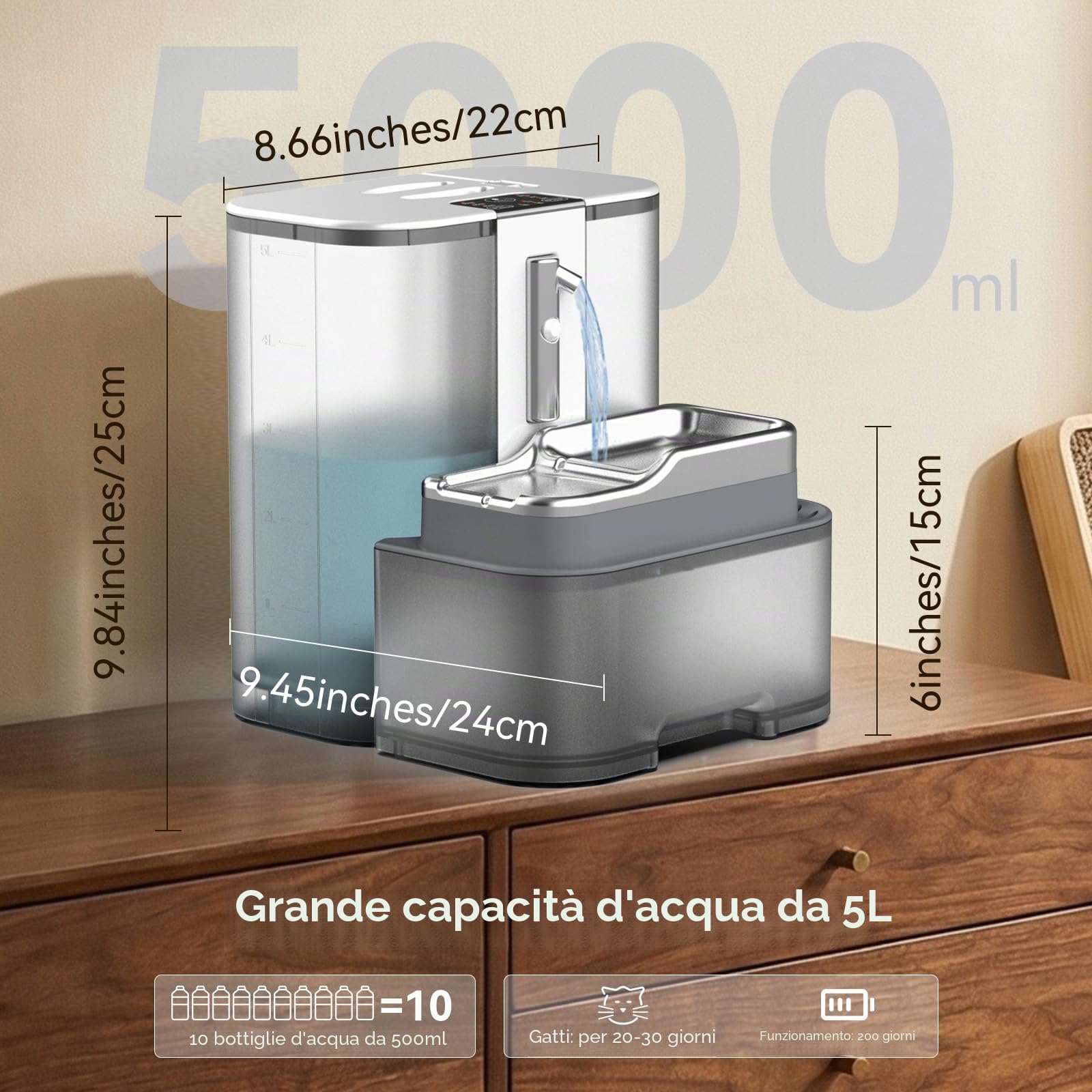 Marchul Fontana per gatti wireless da 5 litri senza filtri, con separazione dell'acqua di scarico, sensore di movimento e programmabile, vaschetta in acciaio inossidabile, alimentata a batterie