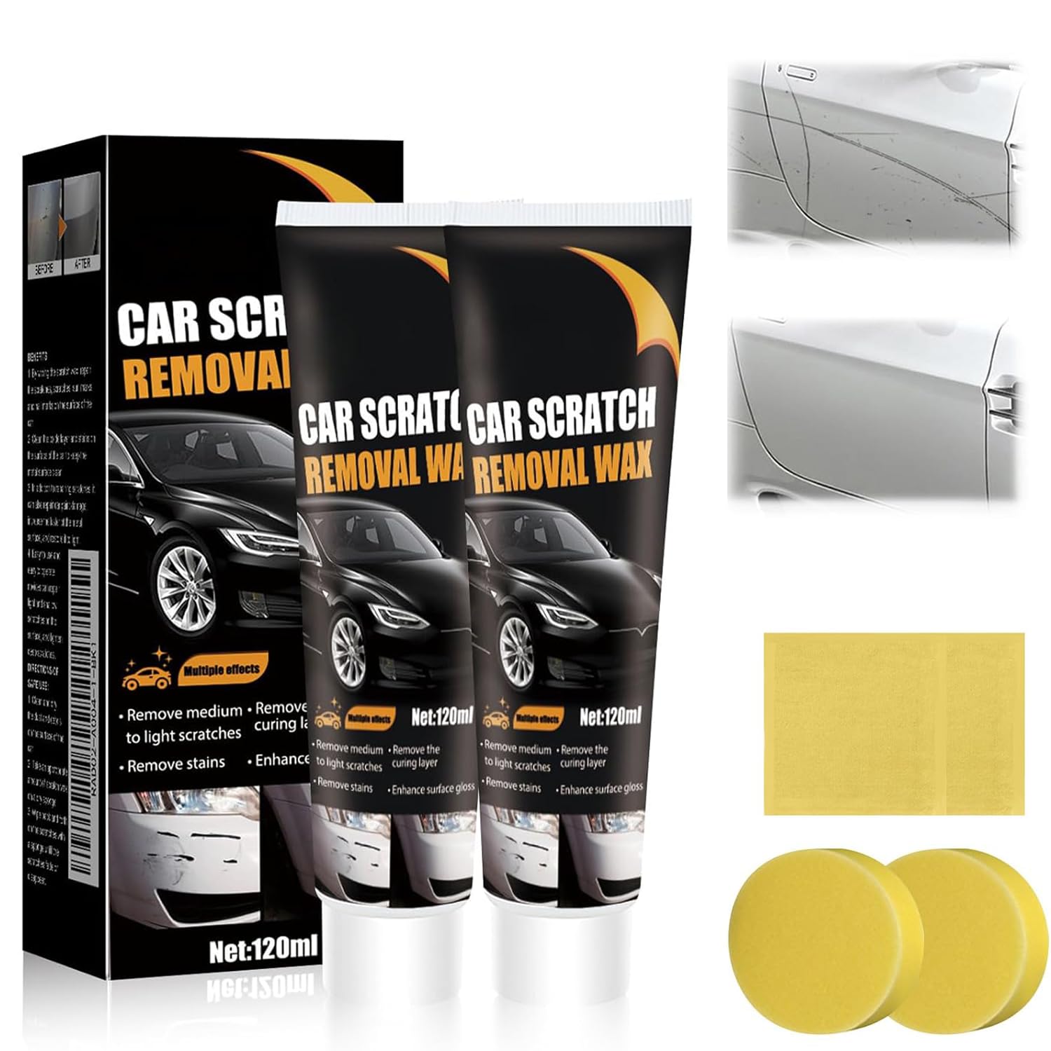 2 Stück Kratzer Entferner Auto, 120ML Auto Kratzer Entferner, 3-In-1 Tiefen Autopolitur Kratzer Entfernen Mit Wischtuch und Schwamm, Autokratzerentferner für Car Strach, Kratzerentferner Autolack