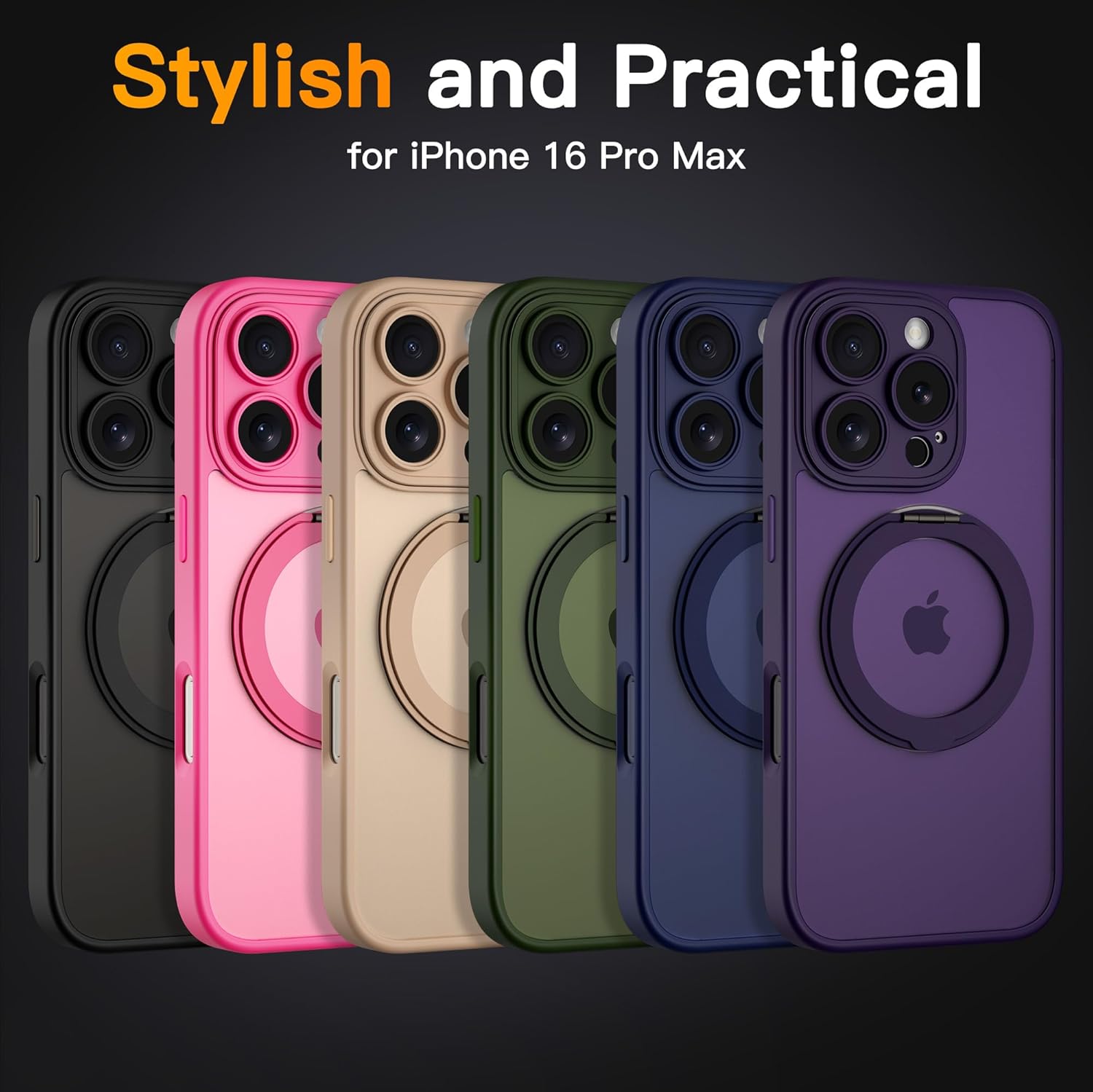 COOLQO for iPhone 16 Pro Max Case, Compatible with MagSafe, Translucent Matte, 360° Ring Holder Stand, Black - Image 2