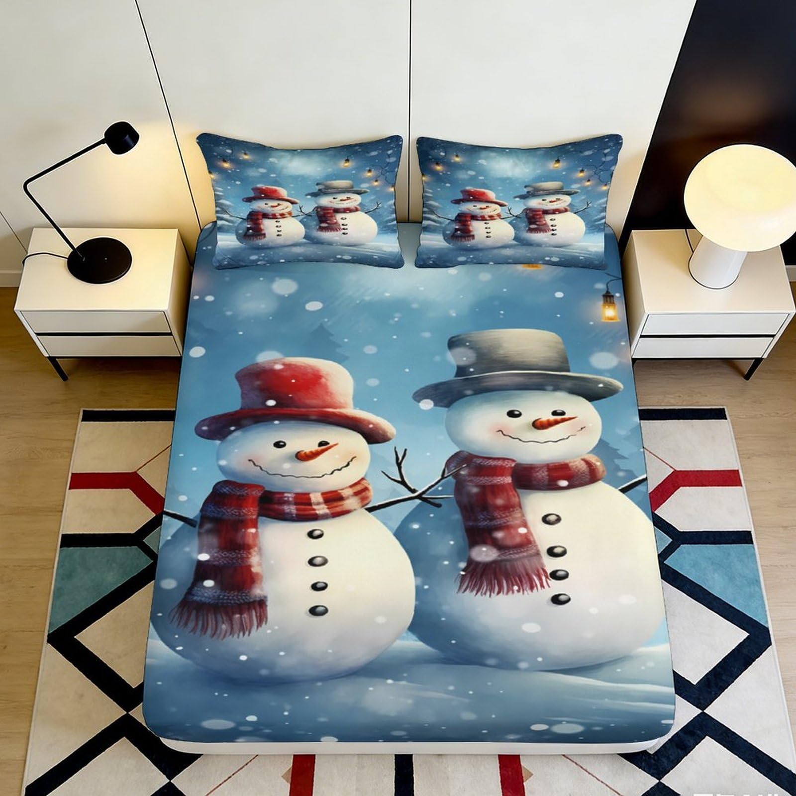 3D Printed Snowman Winter Scene Fitted Sheet Microfiber Soft Mattress Cover for Bedroom Guest Room Dorm Decor Easy Care 200x200x25cm