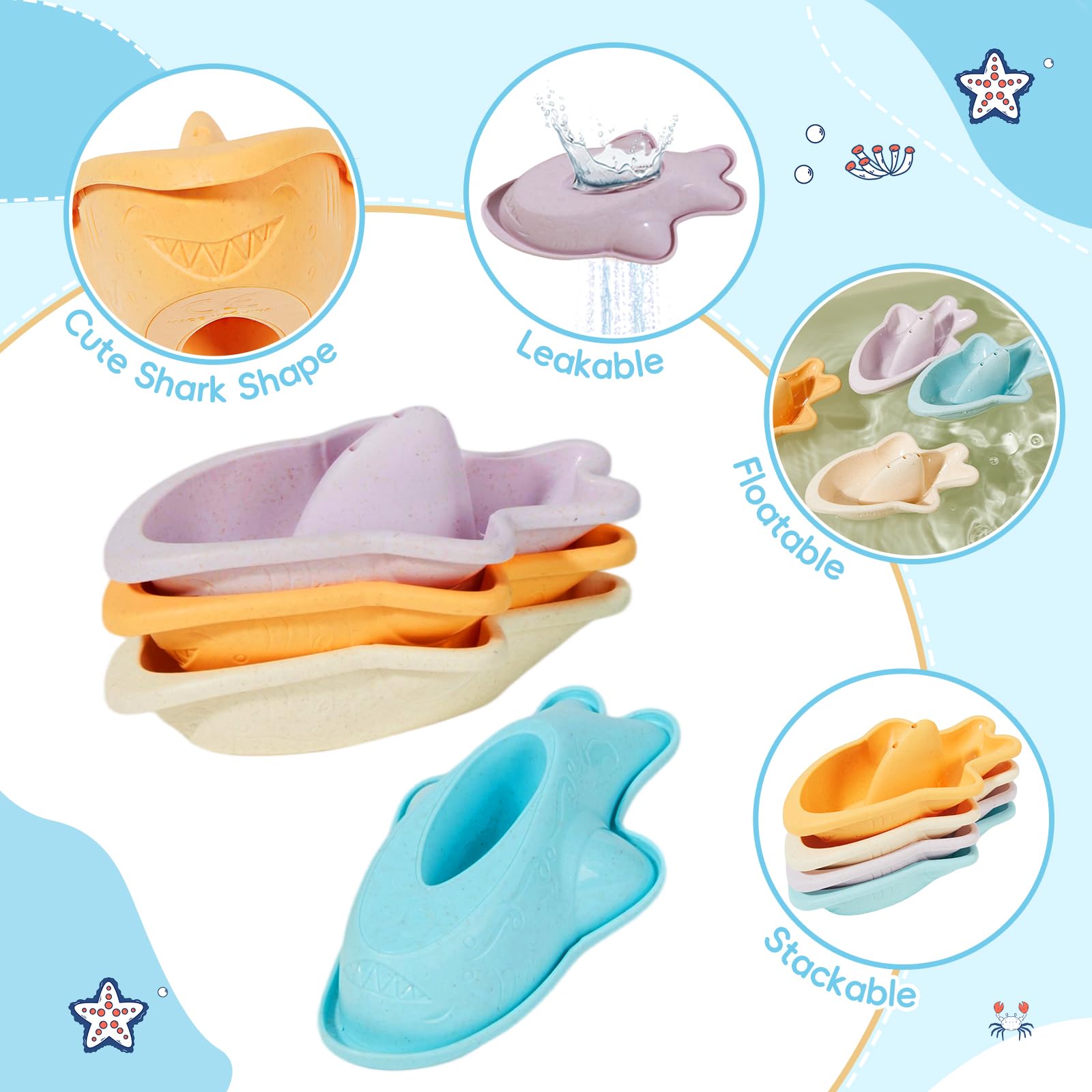 AMCHSURI Bath Toys for Toddlers 1-3, 16PCS Easy-Clean & Mold Free Baby Bath Toys for Kids, Stacking Cups, Watering Can, Floating Boats Include Storage Bag, Water Pool Bathtub Toys for Kids Ideal Gifts - 5