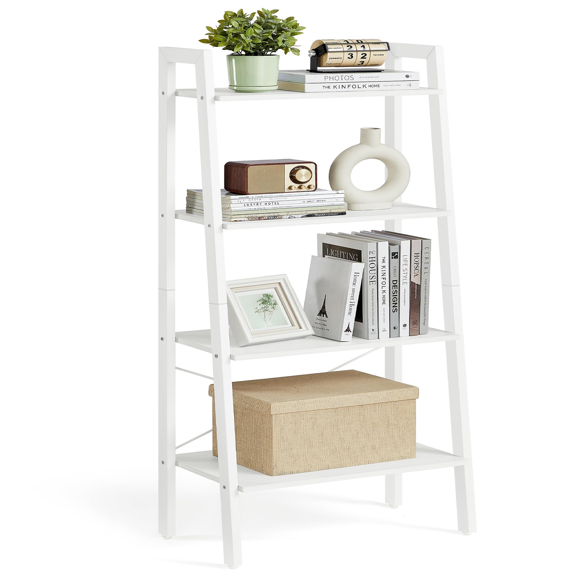 VASAGLE Ladder Shelf, 4-Tier Bookshelf, Storage Rack, Bookcase with Steel Frame, for Living Room, Home Office, Kitchen, Bedroom, Industrial Style, Maple White and Pearl White ULLS044W44