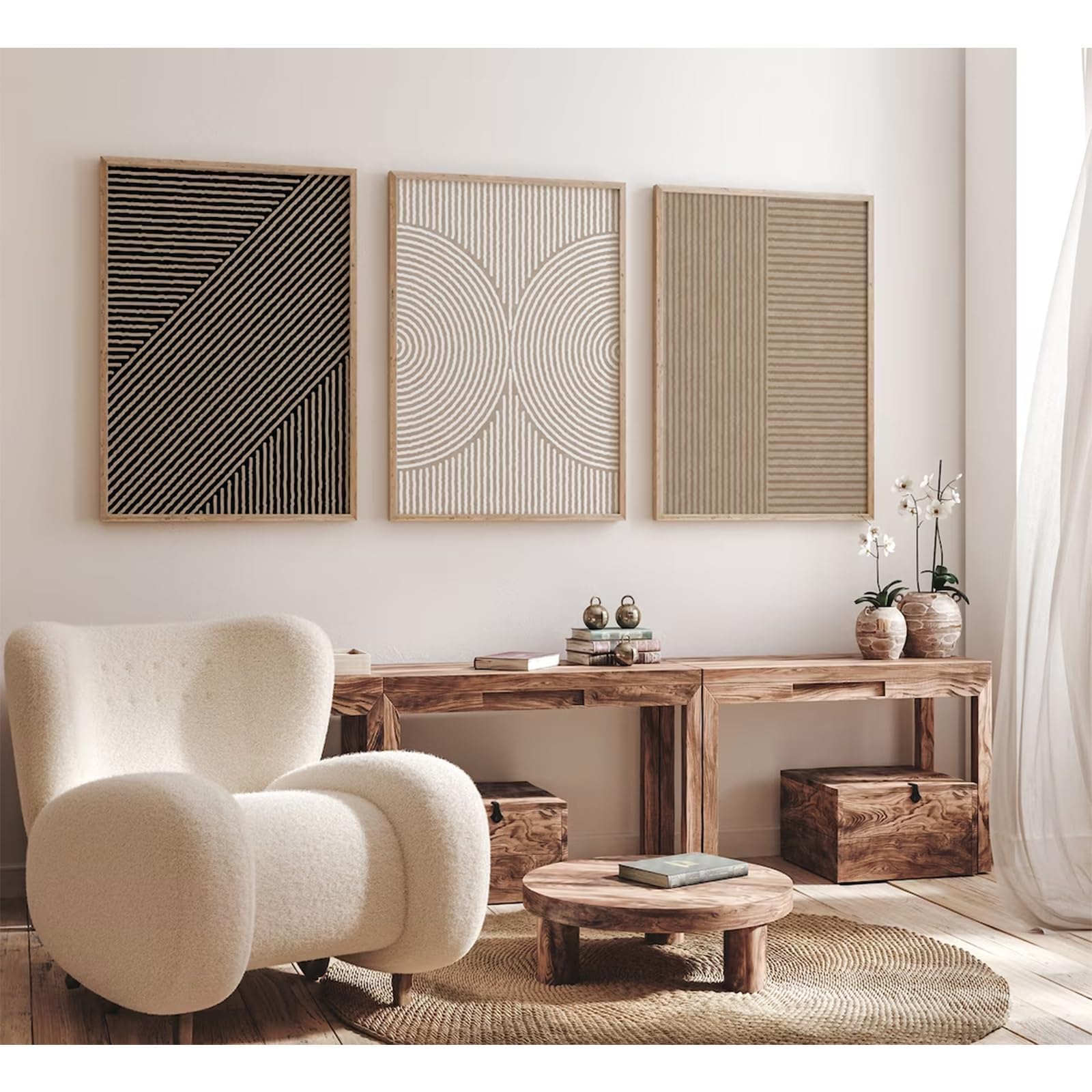 EGJEPWFH Modern Wall Art Pictures Neutral Abstract Canvas Wall Decor Minimalist Line Wall Art Poster Mid Century Painting Artwork(60x90cmx3/NO frame)