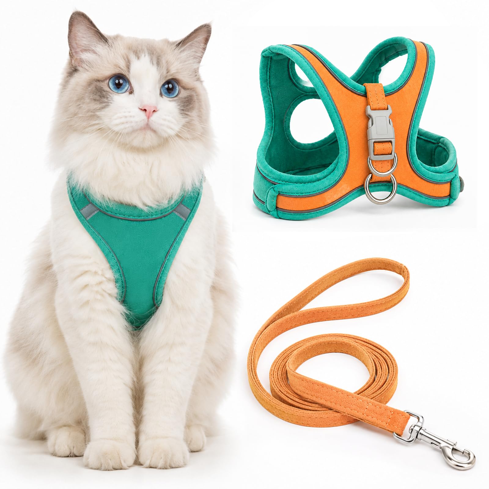 Cat Harness and Leash Set, Escape Proof Step-In Cat Harness with Reflective Strips, Soft Suede Breathable Vest for Small Medium Cats Dogs (Orange Green, S)