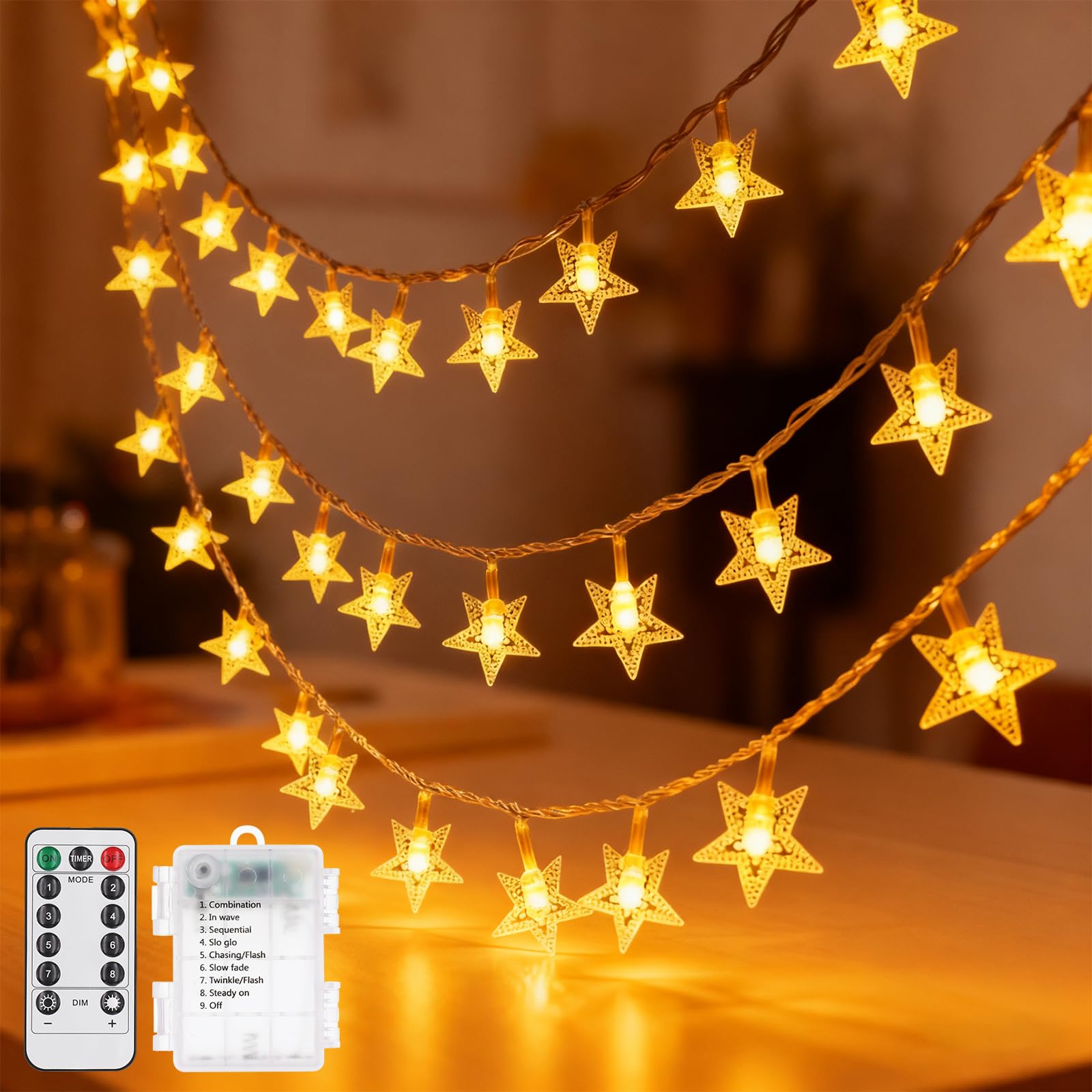 Łańcuch świetlny w kształcie gwiazd, 100 diod LED, 8 trybów, łańcuch świetlny z gwiazdami, zasilanie bateryjne, wodoodporne, do wewnątrz, na zewnątrz, do sypialni, na patio, imprezę, wesele, namiot