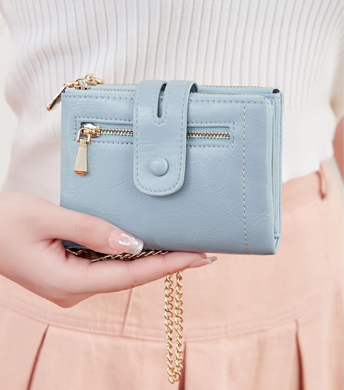 AOXONEL Wallets for Women Small Rfid Bifold Leather Ladies Wallet,Travel Billfolds Medium Size Card Holder with Removable Wristlet Chain,Multi-Card Slots,ID Window,Double Zipper Coin Pocket (Blue) - Image 3