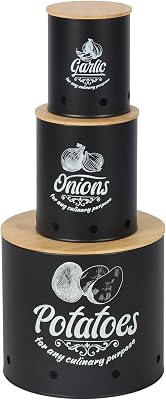 Relaxdays Aufbewahrungsbox 3er Set, Kartoffeln, Zwiebeln, Knoblauch, Gemüsebox Deckel, Vorratsdose Küche, Stahl, schwarz