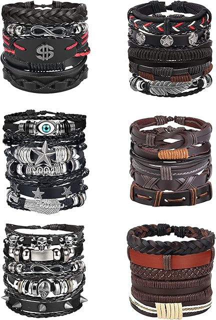ADRAMATA 30 Pcs Leather Mens Bracelet Adjustable Mens Bracelet Ethnic Tribal Bracelets Evil Eye Bracelets Skull Bracelets Brown Black Rope Bracelets Set Leather Bracelets for Men Women