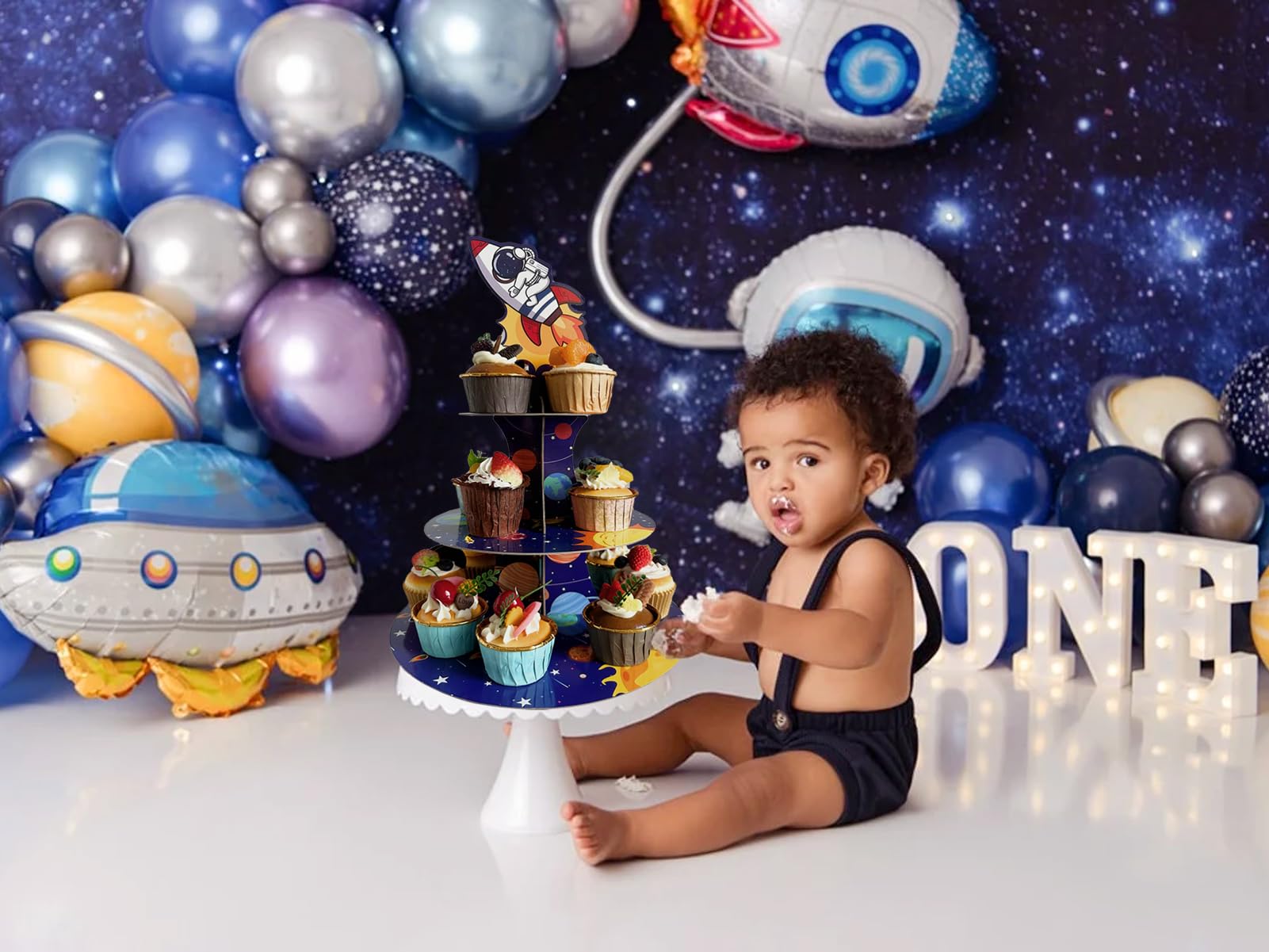 QIFU 2-Pack 3-Tier Space Cupcake Stand - Rocket Outer Space Theme Cardboard Dessert Tower For Birthday Parties