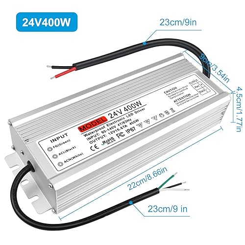 Miniatura 7 de Fuente de alimentación LED de 24V 400W, Fuente de alimentación exterior impermeable IP67, CA 90-140V a DC 24 voltios controlador LED, transformador