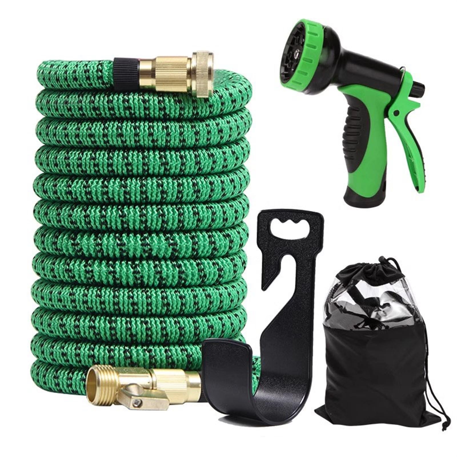 Dehnbarer Gartenschlauch mit 2 Sprühköpfen mit 10 Funktionen, leicht, knickfrei, flexibler Schlauch mit 1,9 cm Messinganschlüssen und 4-lagigem Latexkern, ideal für Gartenarbeit, 1,5 m (50 Fuß), Grün