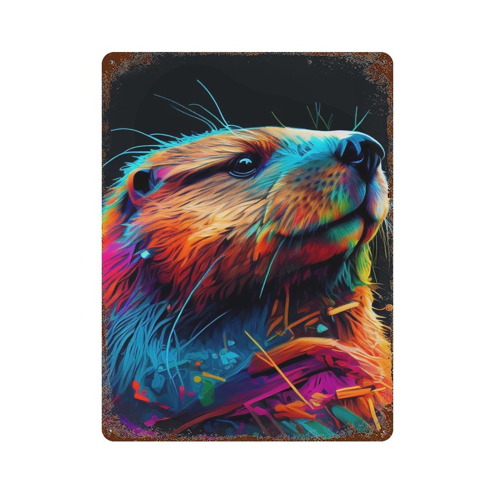 Decorative Tin Sign Beaver Colorful 15.7"x11.8", Vintage Wall Decor for Pub, Kitchen And Man Cave Decor