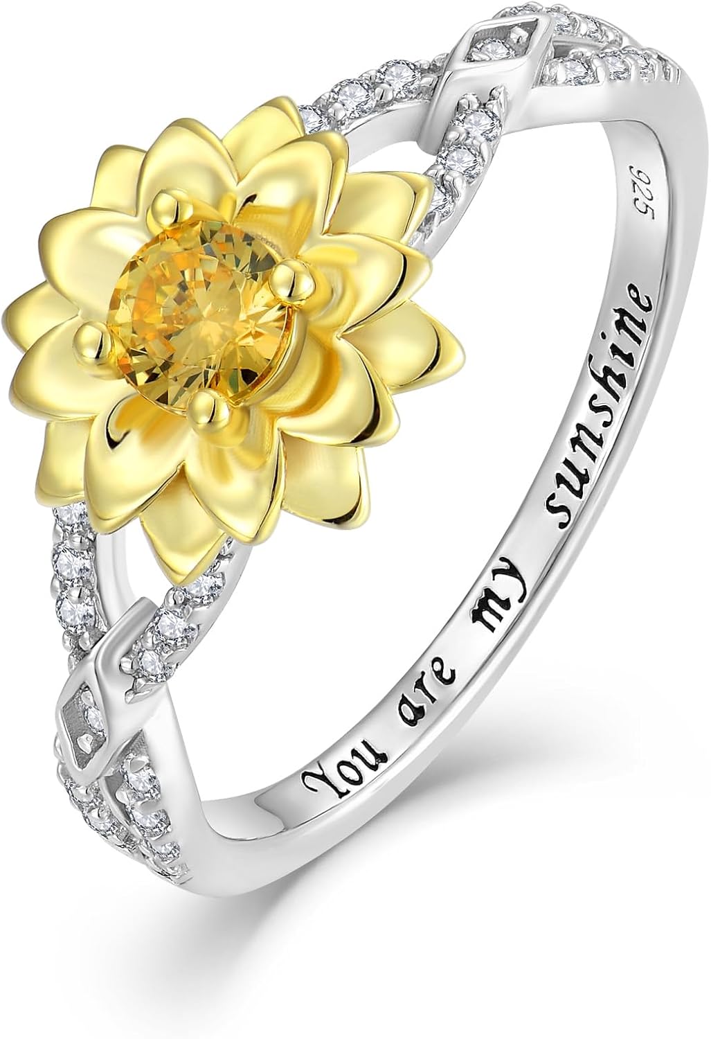 Sunflower Ring for Women Sterling Silver Cubic Zirconial Sterling Silver You are My Sunshine Band Rings for Women