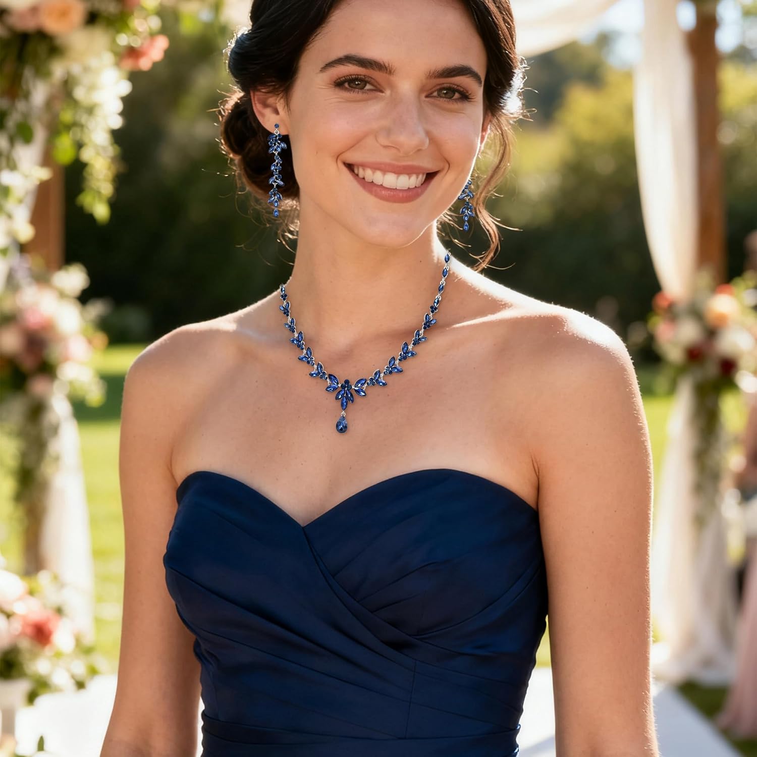 EVER FAITH Austrian Crystal Bridal Bridesmaid Jewelry Sets, Elegant Marquise Rhinestone Leaf Necklace Dangle Earrings Tennis Bracelet Set for Women - Image 2