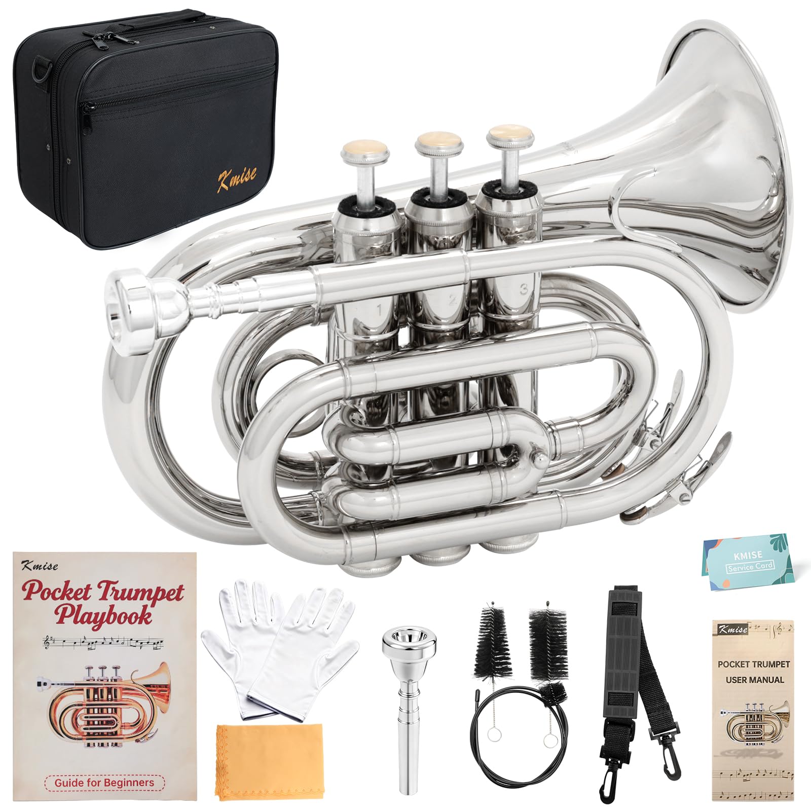 Kmise Bb Tragbare Taschentrompete, Premium-Messing-Mini-Trompeten für Studenten, Anfänger, Trompeteninstrument-Set mit stabilem Koffer, 7C-Mundstück, Anfängerführungsset und Reinigungsset (vernickelt)
