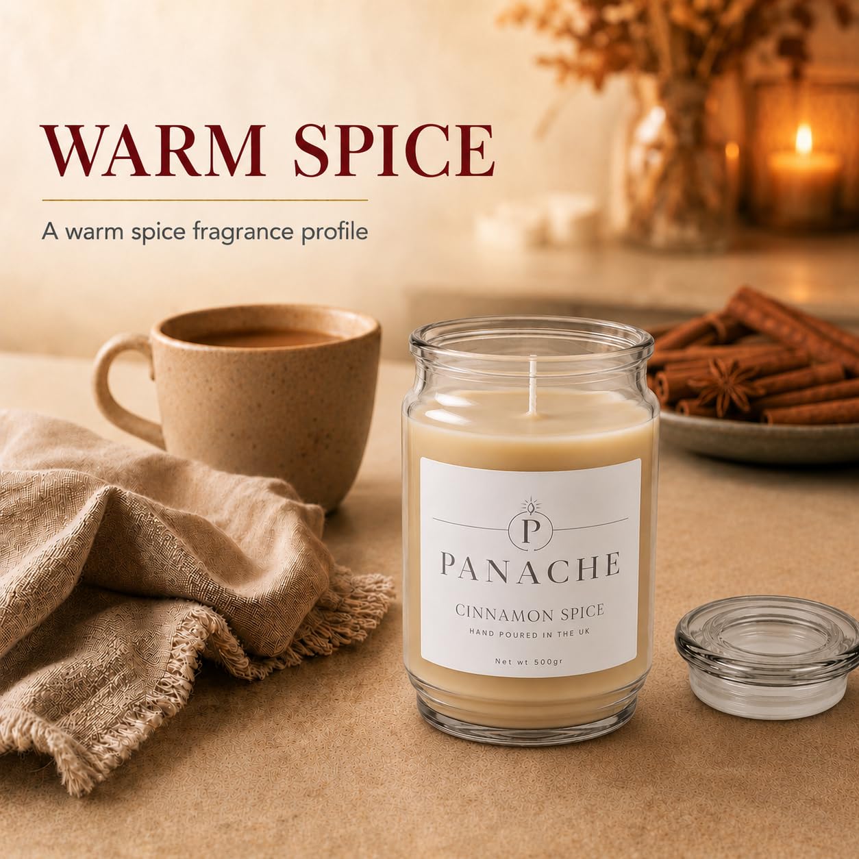 Panache Candela profumata alla cannella e spezie, barattolo di cera di soia da 500 g, combustione 60 ore, profumo classico speziato, ottimo regalo per donne, relax e decorazione