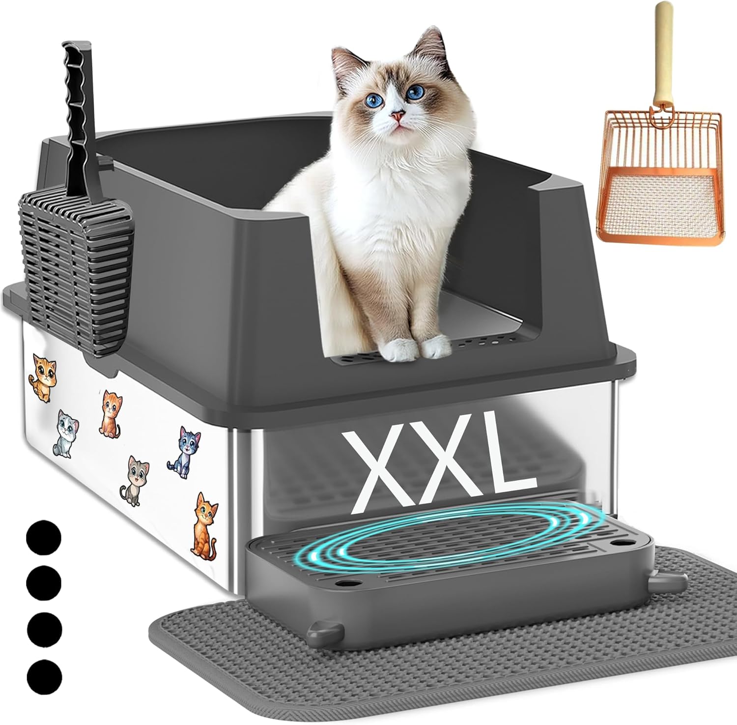 Extra Large Stainless Steel Cat Litter Box with High Sided Walls for Big Cats, Anti Urine Leakage, Odorless and Easy Cleaning, for Healthy Cats, Includes Foot Pad & Scoop - XXL Litter Box