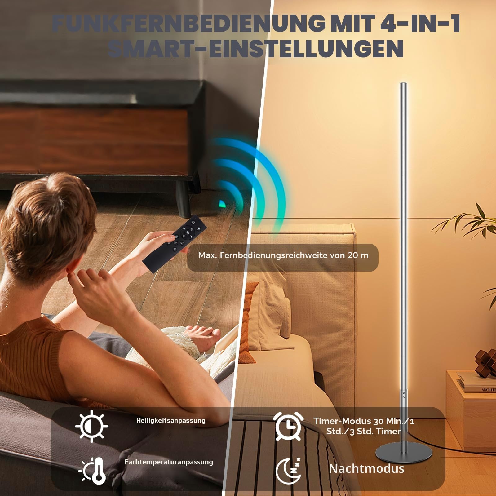Ecklampe Silber fürs Wohnzimmer, dimmbar, mit Fernbedienung, 2700–6500 K