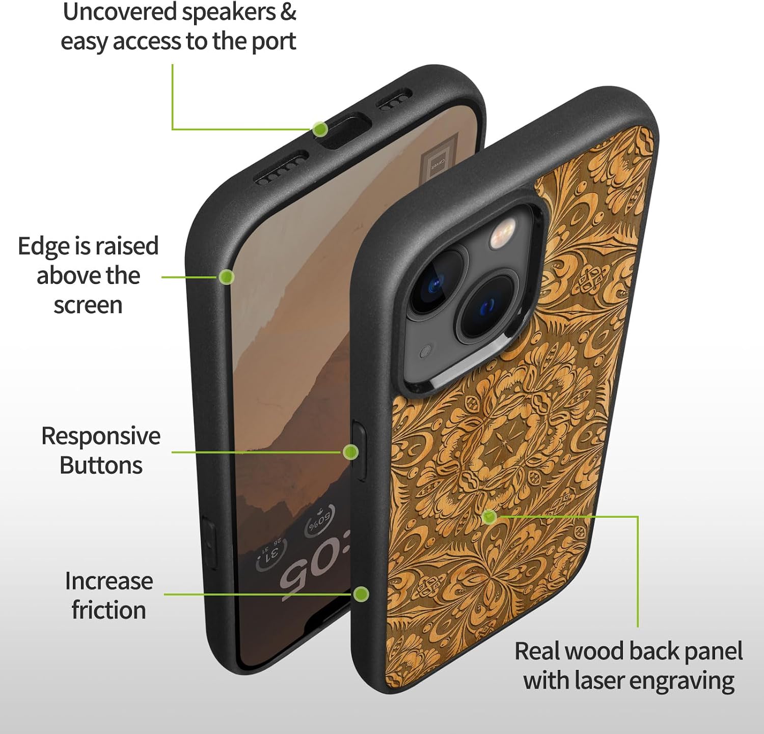 Carveit Magnetic Wood Case for iPhone 14 Case [Natural Wood & Black Soft TPU] Shockproof Protective Cover Unique Wooden Case Compatible with magsafe (Baroque Blossom -Cherry)