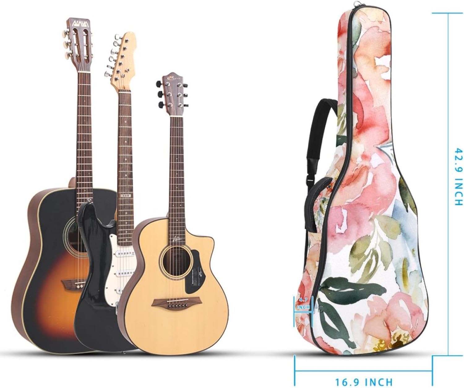Acoustic Guitar Gig Bag 1 cm Thick Padding, Waterproof Electric Guitar Bag 40-42 Inch Guitar Case Backpack with Dual Shoulder Strap, Colorful Watercolor Floral Flowers