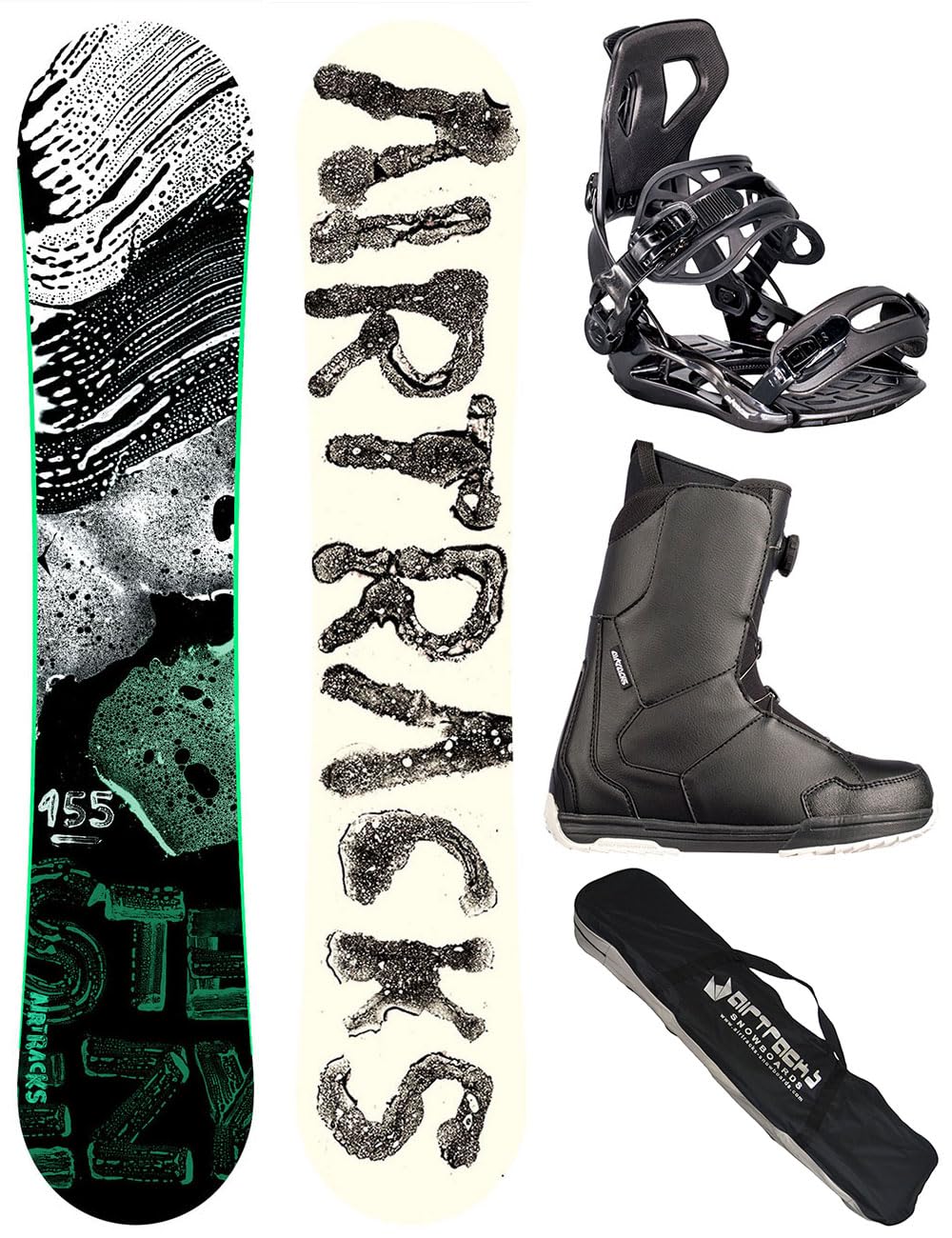 Airtracks Snowboard Set Steezy Wide Hybrid Rocker Twin Tip + Snowboard Bindung Master + Snowboardboots + Sb Bag 145 150 155 160 cm