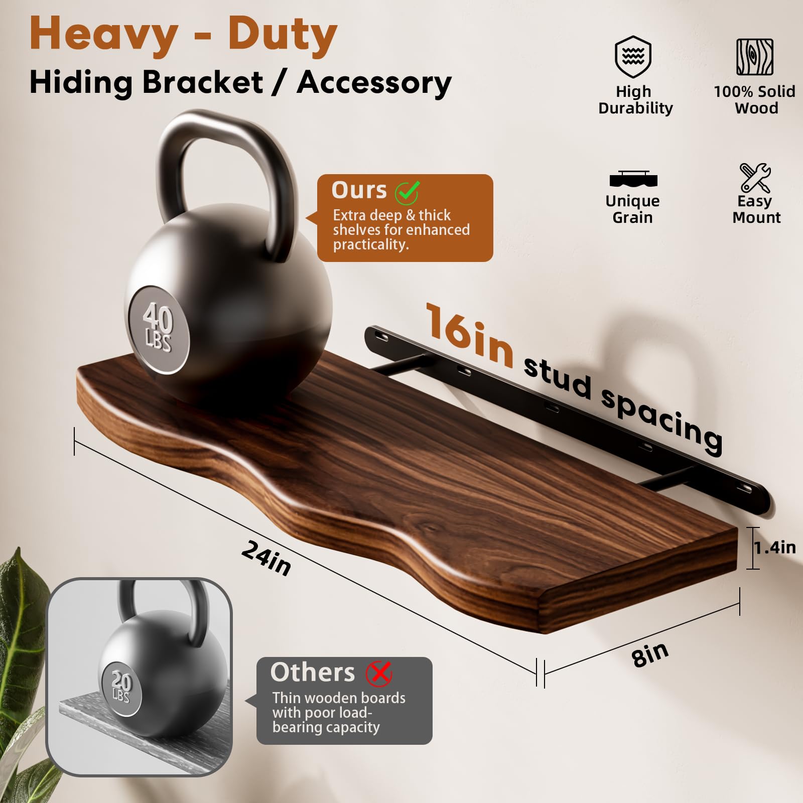 Mensole galleggianti da parete, 61 cm, rustiche, in legno, librerie sospese, mensole sospese con venature naturali uniche per soggiorno, camera da letto, cucina, set di 2 (colore noce)