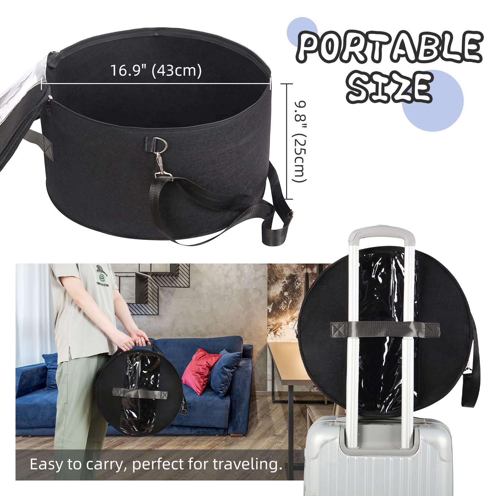 LITLANDSTAR Organizer per cappelli per donne e uomini, 43,2 cm di profondità x 25,4 cm di altezza, in feltro, rotondo, contenitore portatile per cappelli pieghevole con coperchio antipolvere