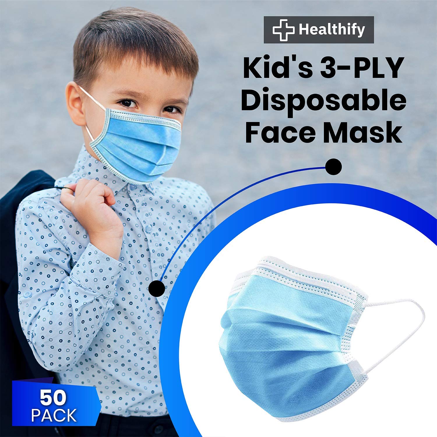 Kid's 3-PLY Disposable Face Mask, Perfect Fit for Small Face, Soft Skin Layer - 50 Pack