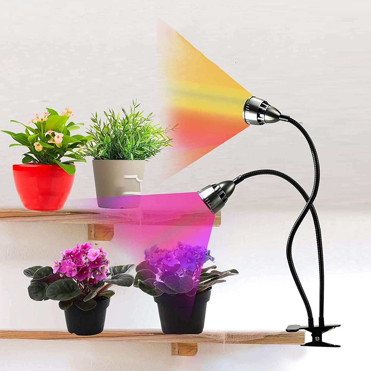 Grow Light for Indoor Plants,Full Spectrum Double Goosenecks Desk Clip Plant Lamp for Seedlings/Seeds/Succulents,Color Spectrum Changeable & Timer Setting 3H/9H/12H