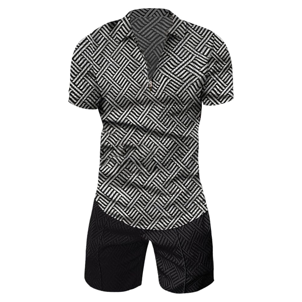 Survêtement 2 Pièces Homme Été - T-shirt Manches Courtes Et Shorts Rayures Carrées | Tenue Sport Décontractée
