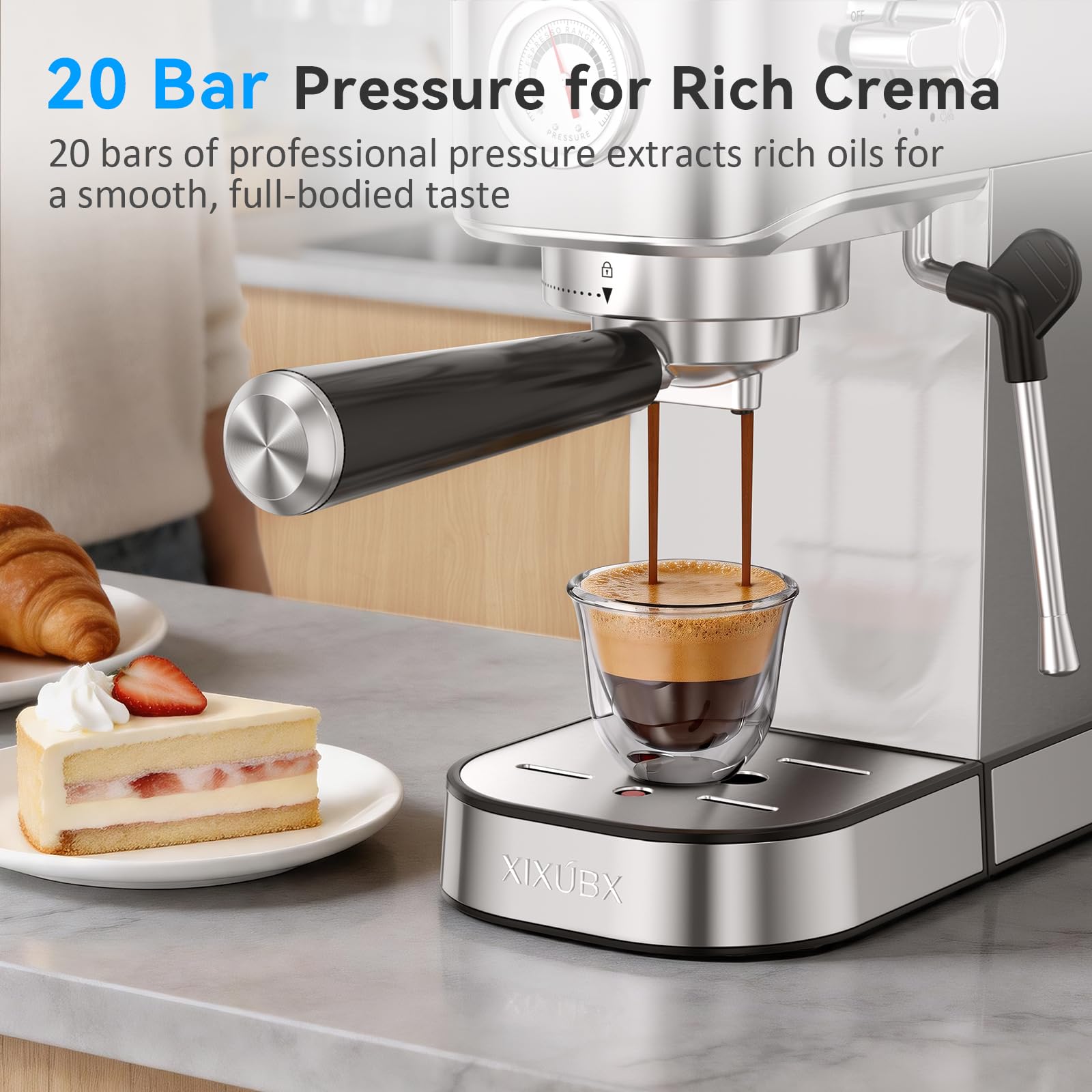 XIXUBX Cafetera espresso compacta de 20 bares con espumador de leche de acero inoxidable para capuchino y café con leche, medidor de presión de tanque de agua de 1 litro