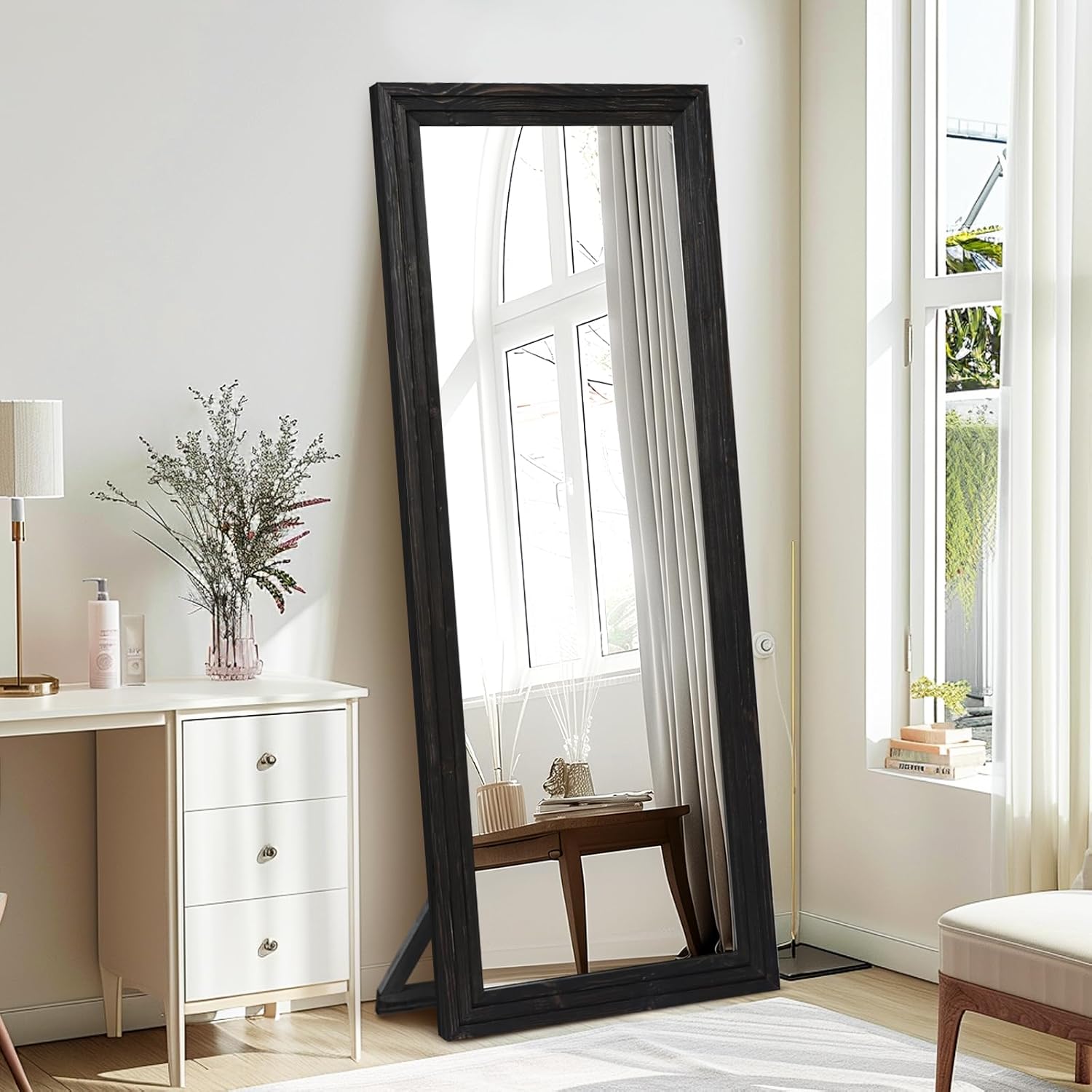 65"x22" Full Length Mirror Solid Wood Frame Floor Mirror with Stand for Living Room, Bedroom Hanging Standing or Leaning, Black