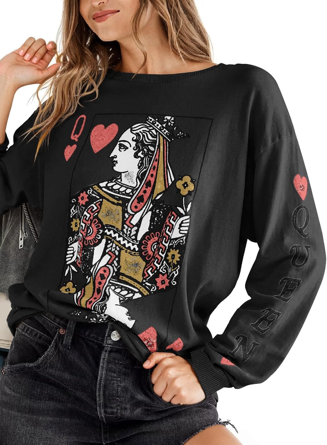 Fazortev Womens Crewneck Graphic Sweatshirts Queen Of Hearts Long Sleeve Shirts Cute Loose Fit Casual Pullover Tops - Image 2