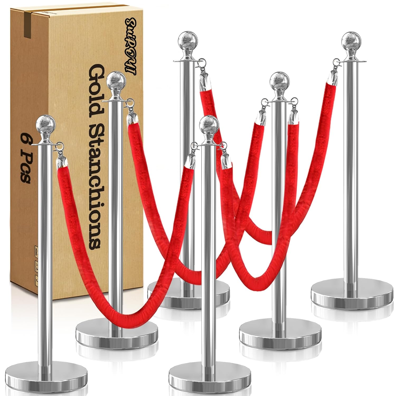 6 Pcs Sliver Stanchions with Velvet Ropes with 4 Pcs 5 Ft Red Velvet Ropes Carpet Ropes Posts Stanchion Set for Crowd Control Barriers for Weddings, Events, Hotels, and Party Decor