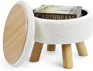 Ottoman Foot Rest, Small Round Ottoman with Storage, Boucle Teddy Velvet Footstool with Wood Legs, Soft Sponge Storage Ottoman for Living Room, Bedroom, Couch, Enterway (Cream)