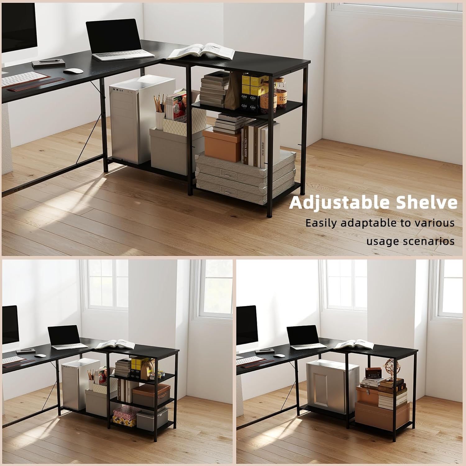 YOSHOOT 63" L Shaped Computer Desk - Gaming Desk with Open Shelves, Corner Desk L Shape for Home Office Work Study, Black