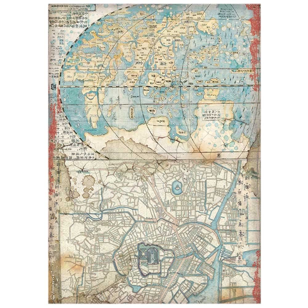 Stamperia International Stamperia-Rice Paper-Sir Vagabond in Japan-Map, Red, Teal, Brown, A4
