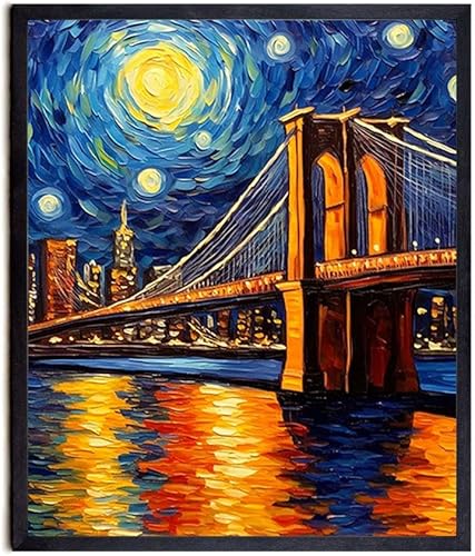 Bestbuddy Pet 8X10 Noche estrellada sin marco Puente de Brooklyn Monumento de Nueva York Famosa Arquitectura Tour Mundial Pintura al óleo Familiar