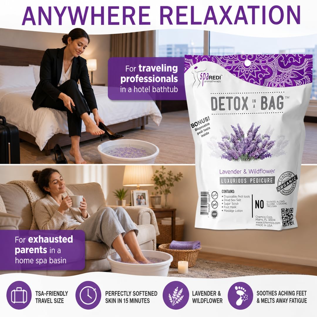 SPA REDI Detox Pedicure Foot Soak – Lavender Foot Soak for Callus Softening & Foot Fatigue Relief | Pre-Portioned TSA-Friendly Pack | DIY Pedicure Prep | Made in USA | 3.84 oz