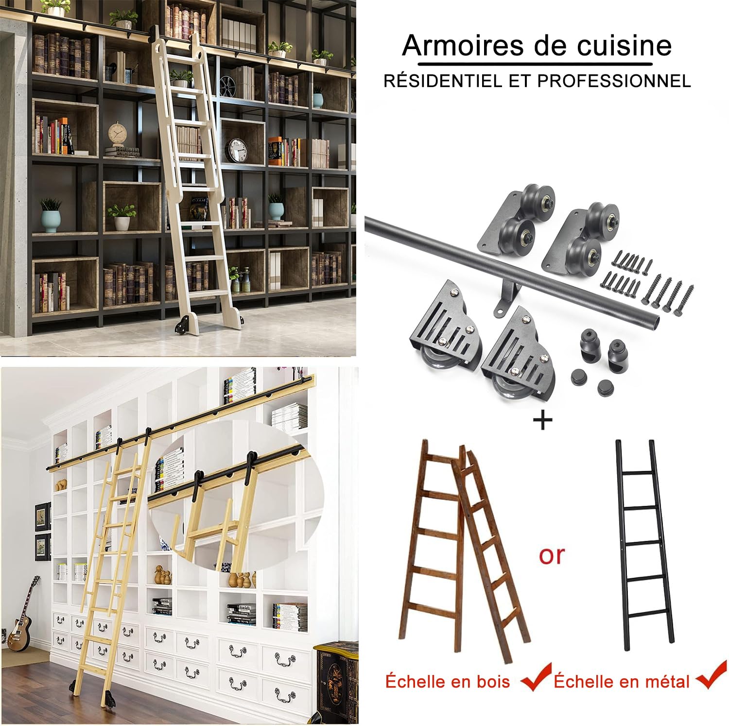 Kit de quincaillerie pour échelle coulissante de bibliothèque avec Rouleau de Sol, Kit De Rail D'échelle À Crochet for Bibliothèque Roulante pour la Maison, intérieur, loft (sans échelle)