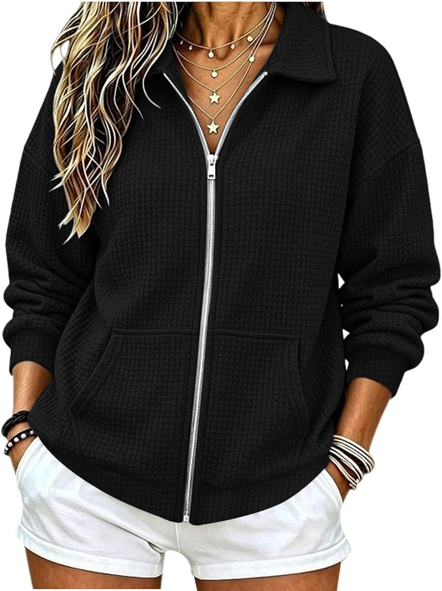 Chaquetas tipo gofre extragrandes con cremallera para mujer Sudaderas de manga larga