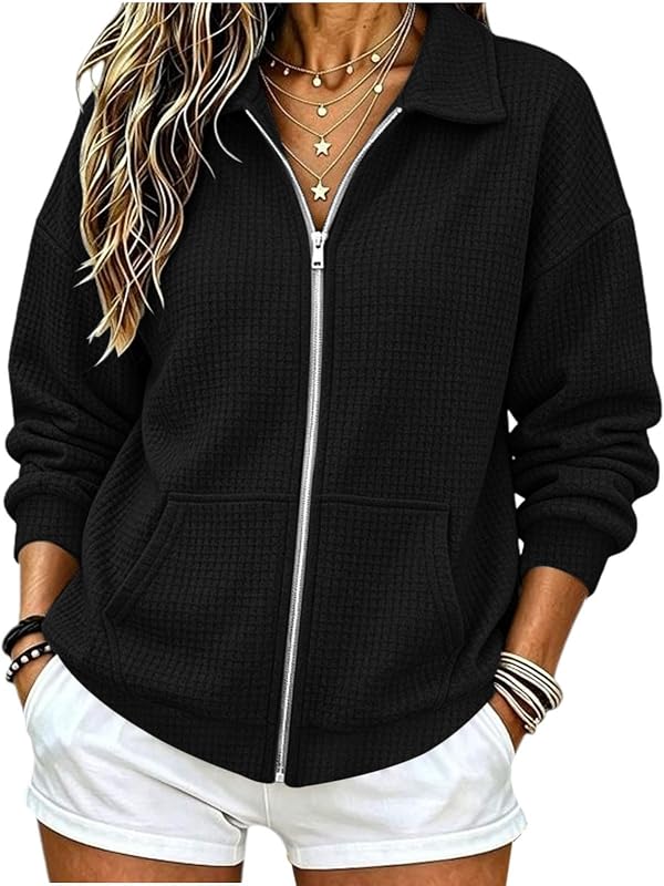 Chaquetas tipo gofre extragrandes con cremallera para mujer Sudaderas de manga larga