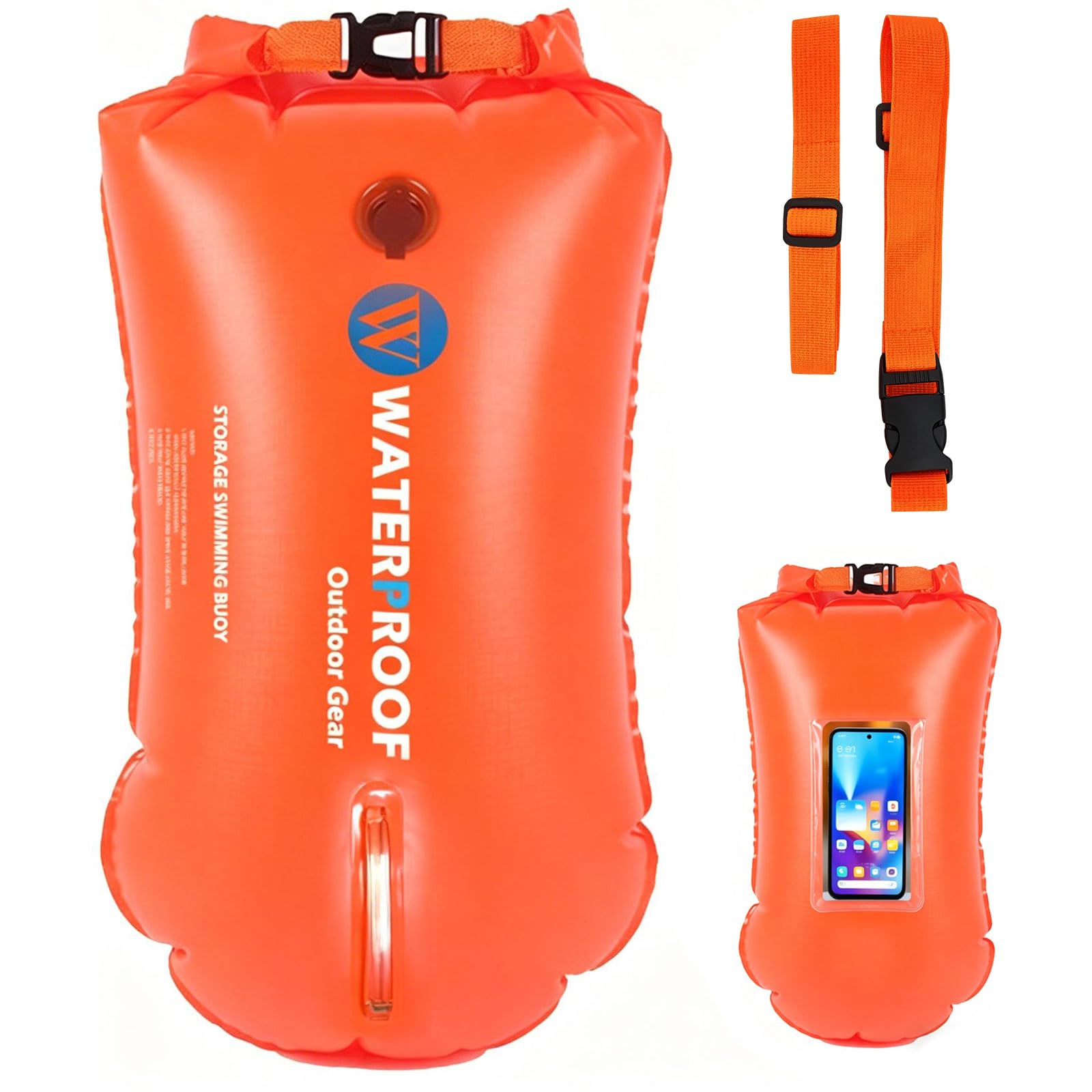Schwimmboje mit Touchscreen-Fach für Triathlon & Freiwasser | Sicherer Auftrieb, wasserdichtes Trockenfach, Doppelkammer, bis 100 kg, 0.35 mm PVC, sichtbar im See, Strand, Familie, Geschenk