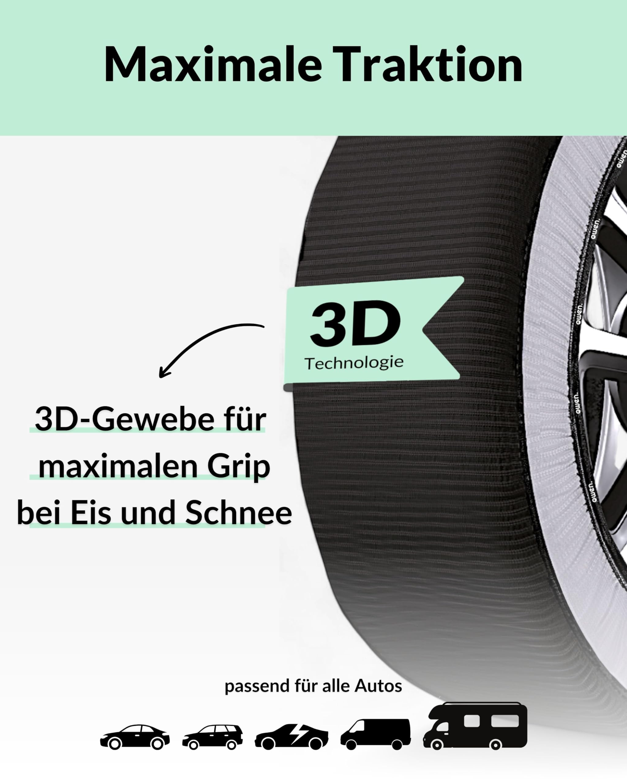 OWEN Schneeketten Textil (Paar) | Die Schnelle Anfahrhilfe bei Schnee & Eis | Geeignet für ABS/ESP | 3D-Grip Traktion & Felgenschutz | Montage in 2 Min | XS-XXL (L)