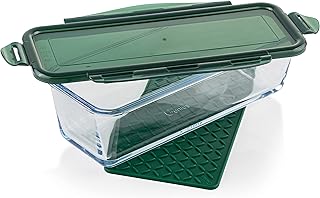 Genius Nicer Dicer Exclusive - Juego de cuencos de cristal grandes con tapa y alfombrilla de silicona, recipiente de cristal, apto para horno y congelador, 1800 ml, color verde