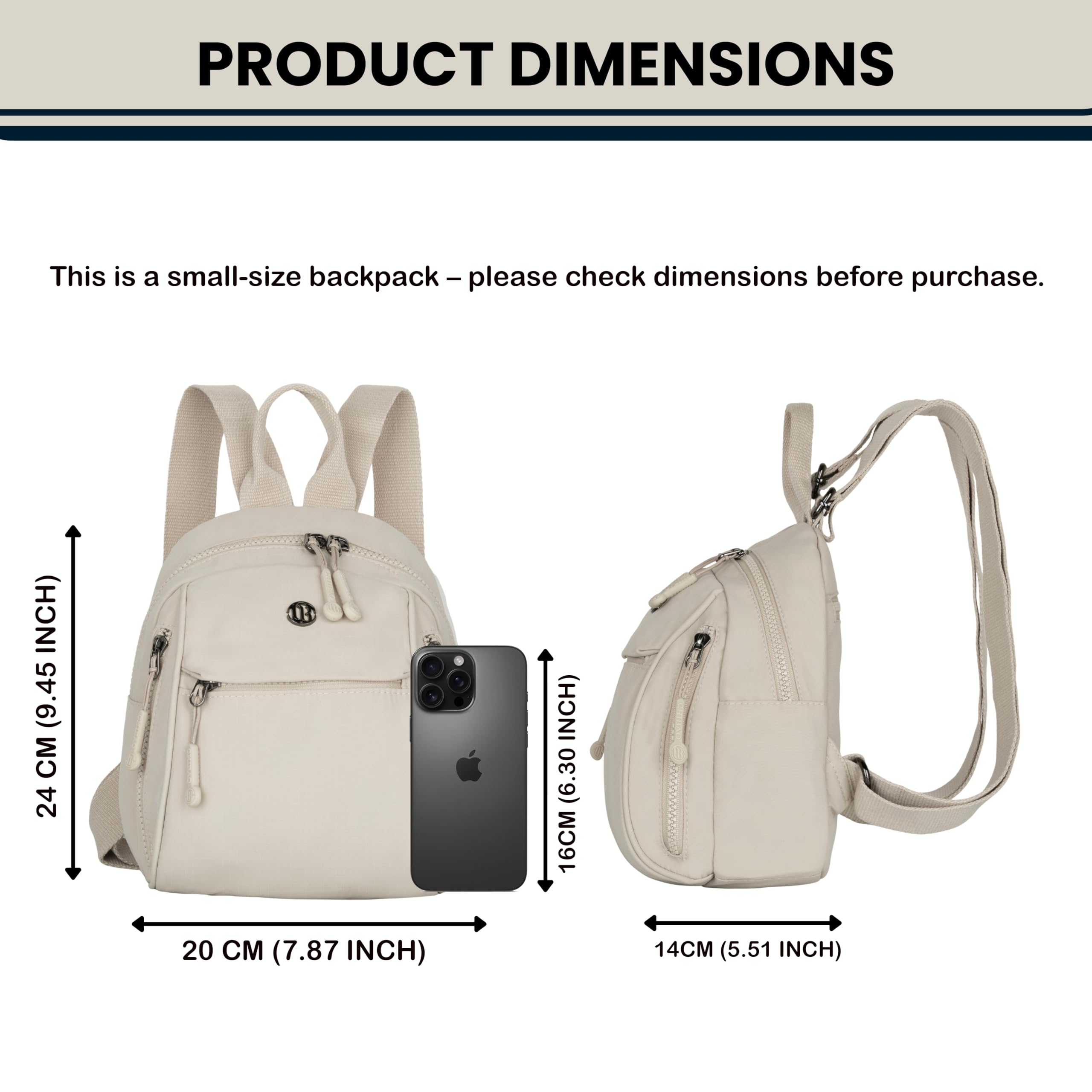 TS WITH TECHSUN Women’s Small Mini Backpack Purse |Lightweight Water-Resistant Compact Sling Bag for Travel, Daily Use & Casual Outings | Fits Only Essentials (Beige (L) 20 X (W) 14 X (H) 24 CM)