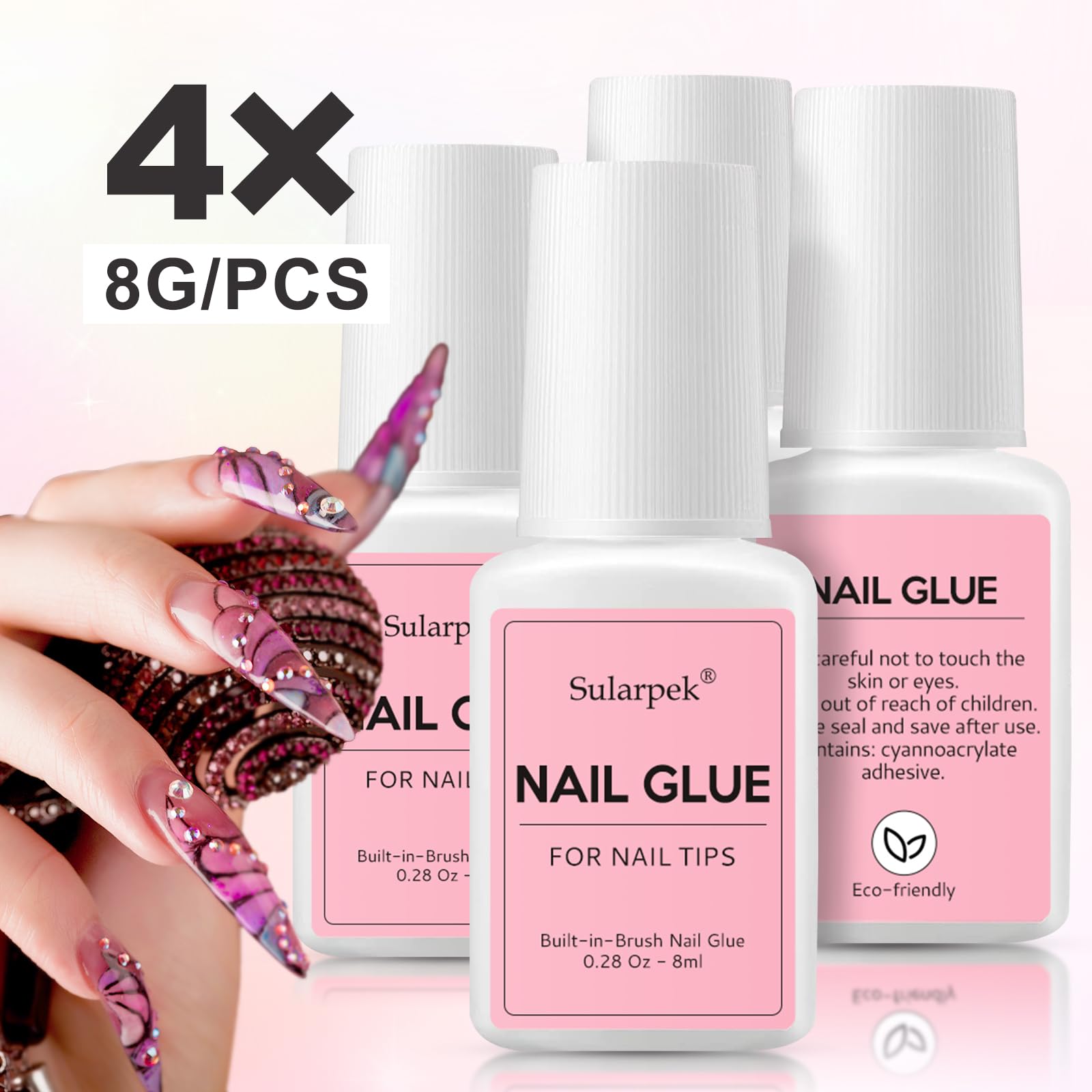 Sularpek 4 szt. 8 ml klej do sztucznych paznokci, super mocny klej do paznokci, klej do paznokci z pędzlem, super klej do paznokci akrylowych, do profesjonalnego użytku, salonu i domu
