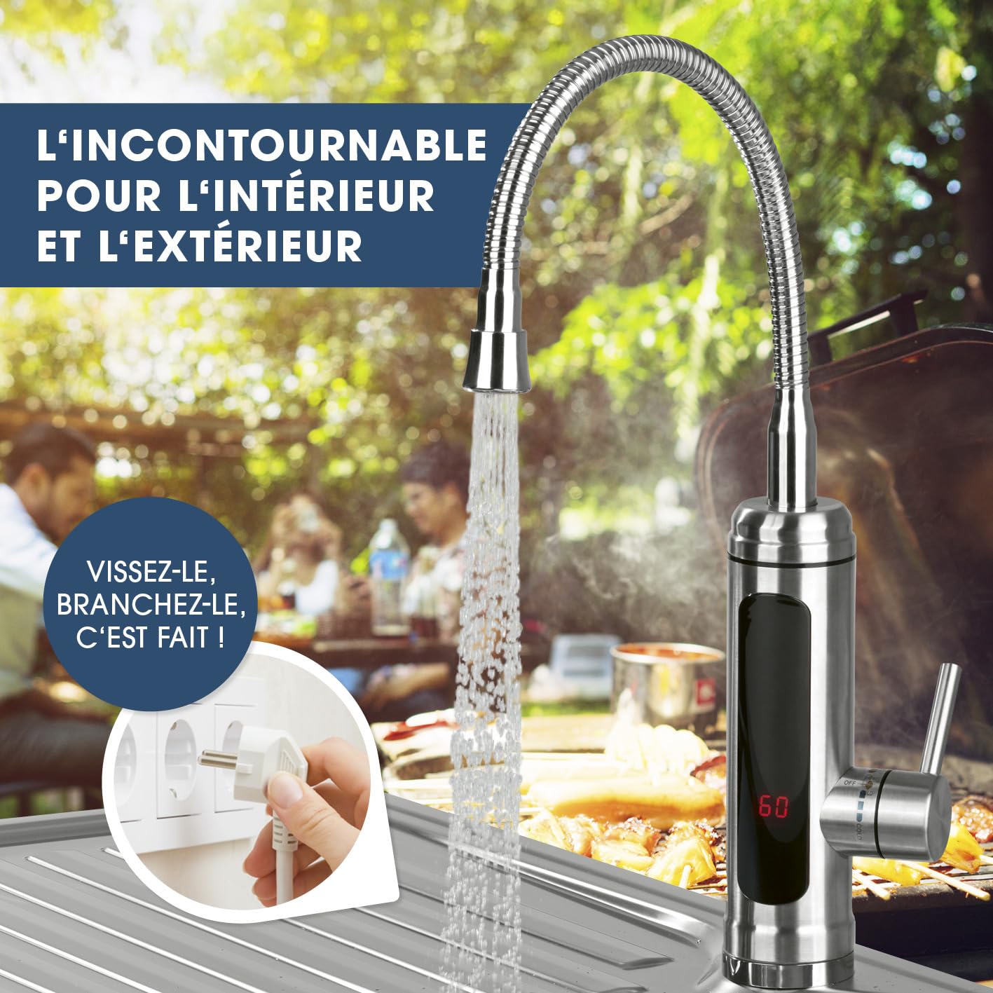 MAXXMEE Robinet électrique en acier inoxydable avec chauffe-eau intégré | Mitigeur avec serpentin chauffant et affichage LED de la température | 2 robinets interchangeables | plus de 60 °C d’eau
