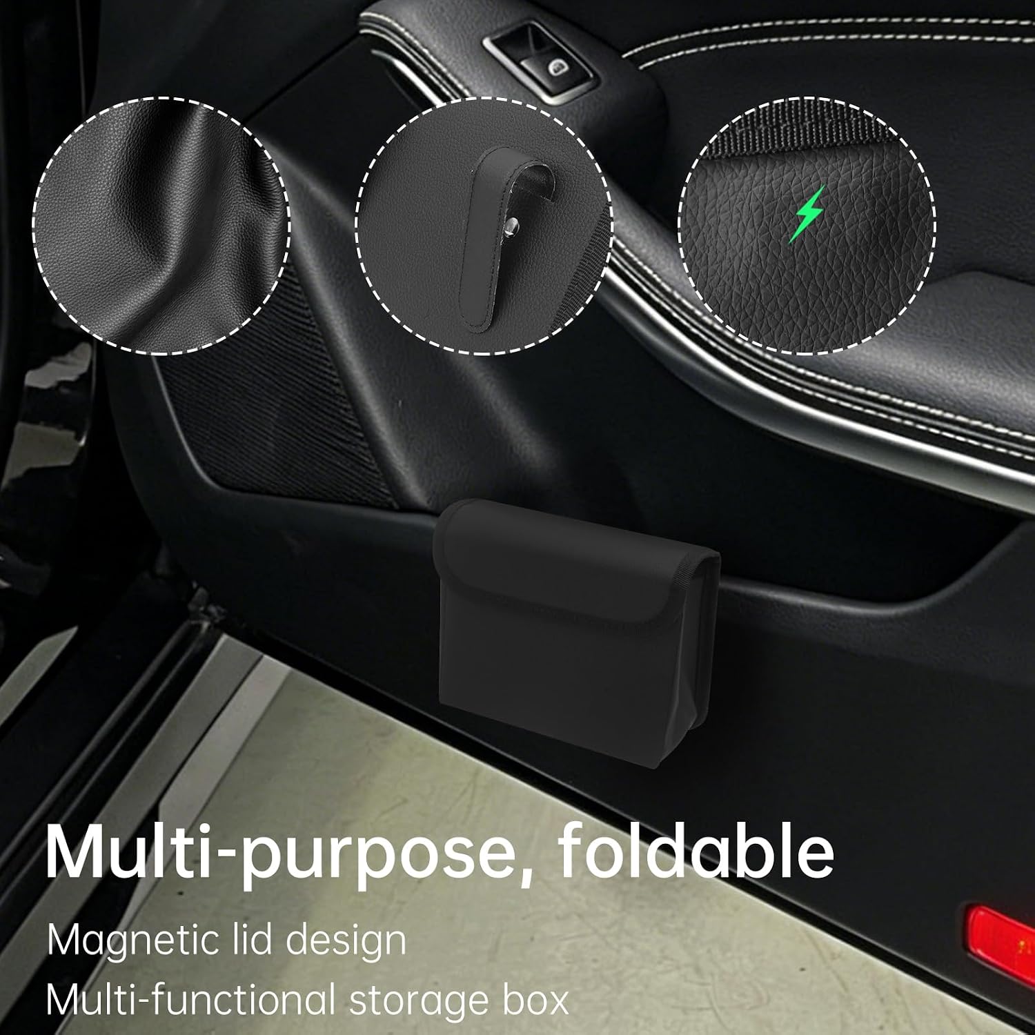 Car Door Trash Can, 2 Pack Foldable PU Leather Car Trash Bin with Bag Clip image 3